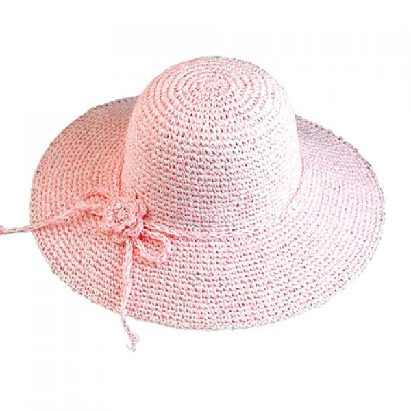 Wide Brim Hand Crocheted w/ Matching Flower Band - Light Pink - HT-8149LPK